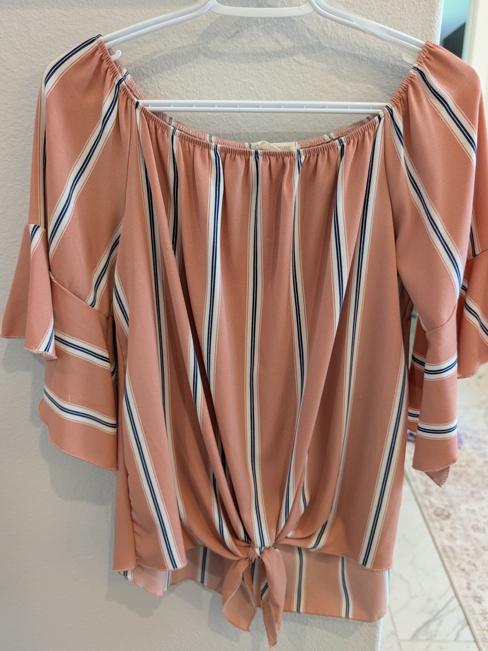 twenty second Peach Stripe Off-Shoulder Tie-Front Blouse